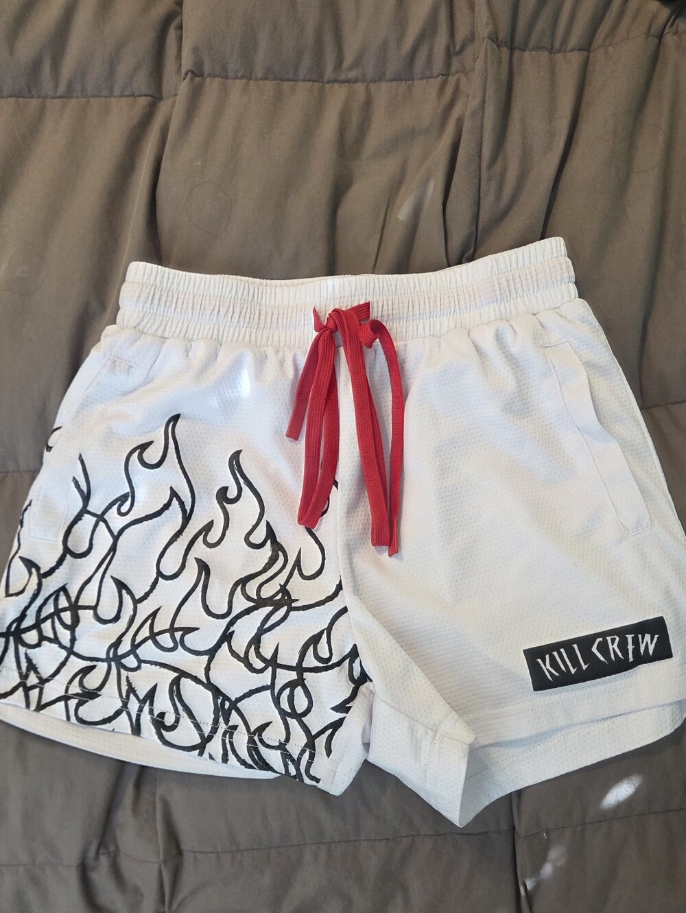 Kill Crew White Athletic Shorts with Black Flame Print and Red Drawstring